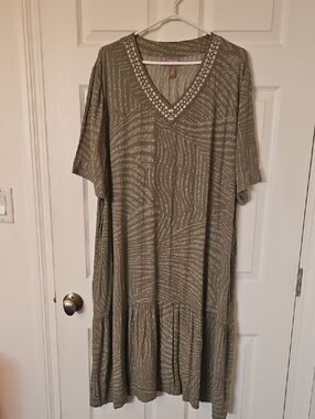 Women’s Olive Patterned V-Neck Tunic Dress with Embellished Trim